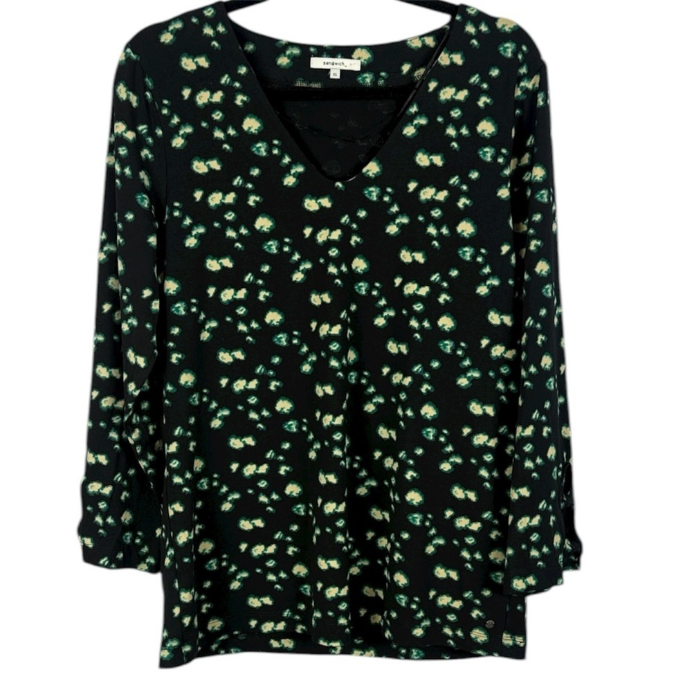 Sandwich Casual Cotton Blend Black Green Yellow Cream Speckles V-Neck XL Blouse